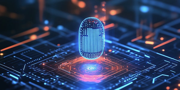 A pill-shaped digital structure hovering over a digital circuit board