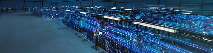 A women was holding a laptop with hands in a server room