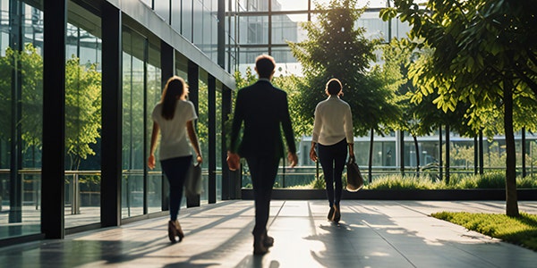 Three individuals stroll through a serene, tree-filled courtyard.