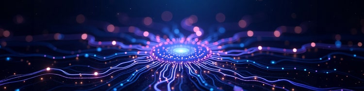 Abstract background featuring glowing lights surrounding a central blue sphere, creating a vibrant and dynamic visual effect.