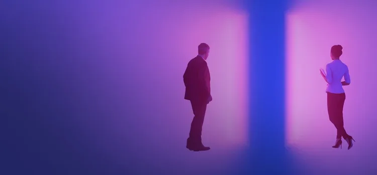 man and woman facing a blue and pink gradient wall