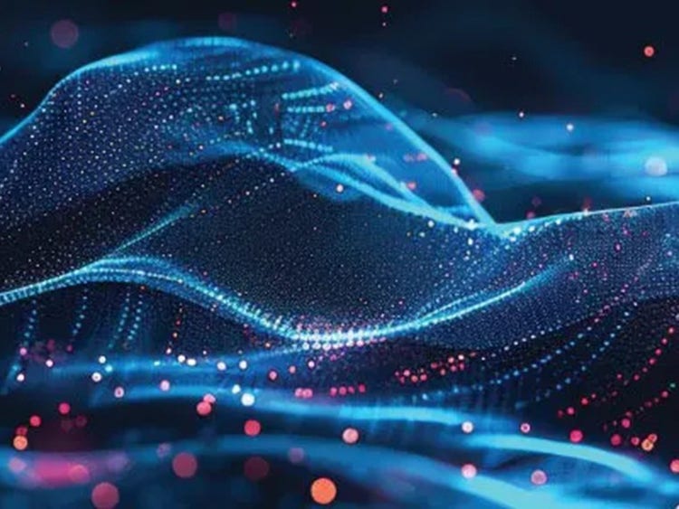 An abstract image of a blue waves against a dark background with light blobs