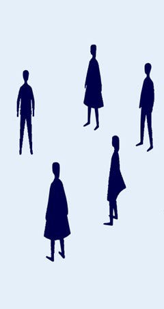 Five dark navy silhouettes of standing people scattered across a light blue background, in varied poses and clothing (some in coats, some standing straight)