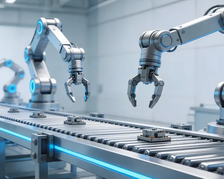 Robotic arms assembling components on automated factory conveyor.