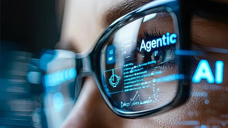 Close-up of smart glasses displaying AI interface and agentic AI technology.