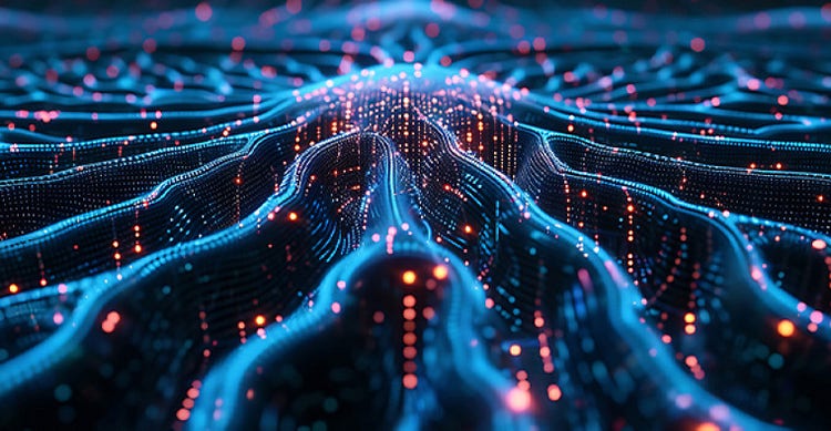 Abstract digital landscape with undulating lines of neon blue and orange dots, resembling a flowing data network, conveys a futuristic and dynamic energy.