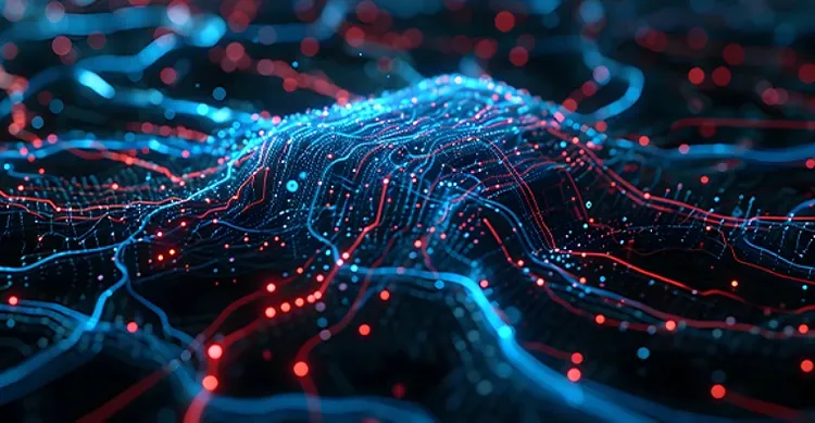 Abstract digital landscape with undulating lines of neon blue and orange dots, resembling a flowing data network, conveys a futuristic and dynamic energy.