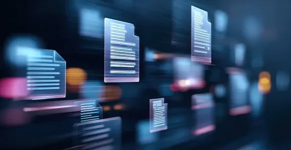 Abstract digital illustration featuring floating holographic documents in a blurred, dark space accented with vibrant blue and orange highlights.
