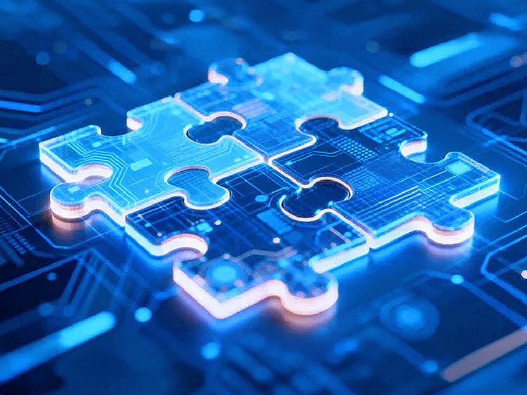 A glowing blue puzzle piece with a circuit pattern sits on a matching digital background. The image conveys themes of technology and connectivity.
