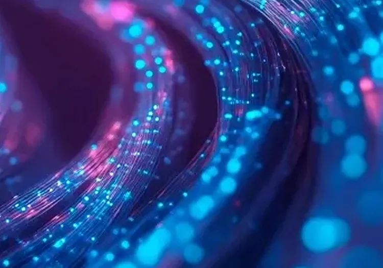 Abstract circular design featuring blue and pink lights radiating outward