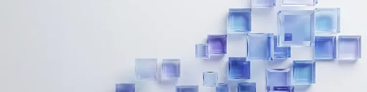 Abstract blue translucent cubes floating on white minimalist background