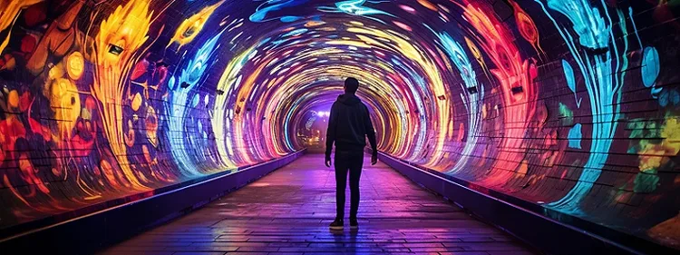 Silhouette of a man walking down a vibrantly lit tunnel