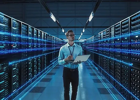A man walking inside a server room
