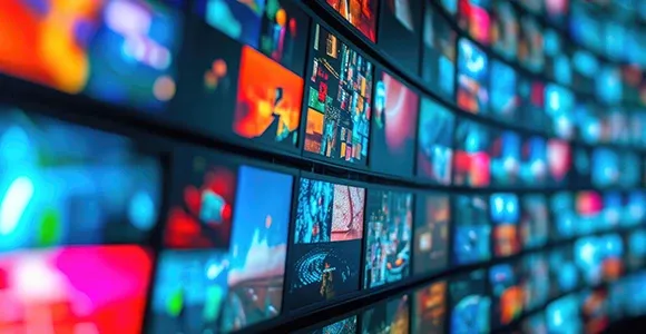A curved wall of colorful, illuminated screens displaying various digital content, creating a dynamic and vibrant visual effect.
