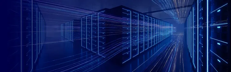 Enterprise data center with high-performance servers and data streams, representing Cognizant and Backup Exec partnership for secure backup, recovery, and data protection solutions
