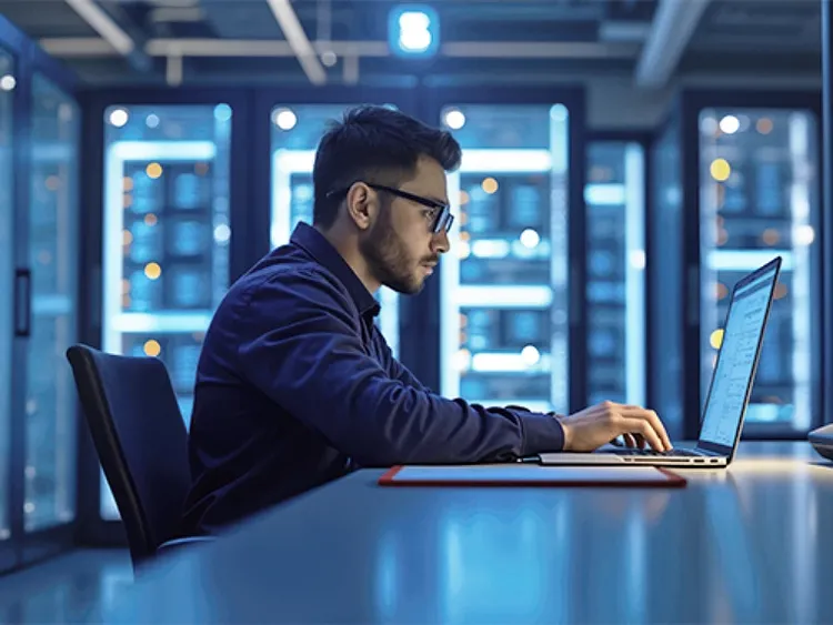 Person seated inside of a room with servers using a laptop