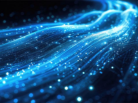 A bunch of blue, wavy digital lines with litup dots on them