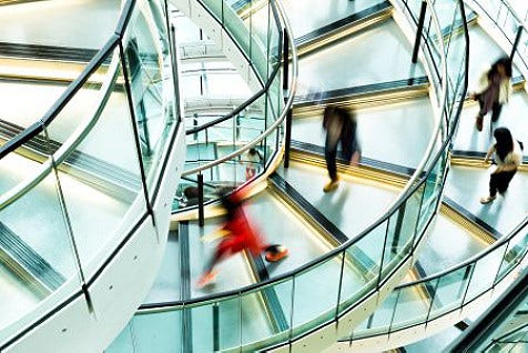 A birdseye view of a spiral staiway