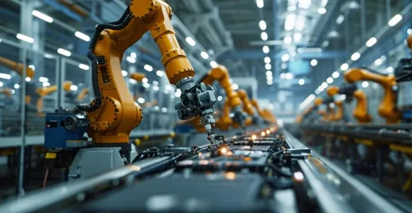 Robotic arms assembling components on an automated factory line