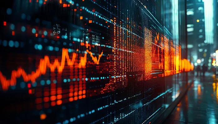 A orange color illuminated statistics report on big screen