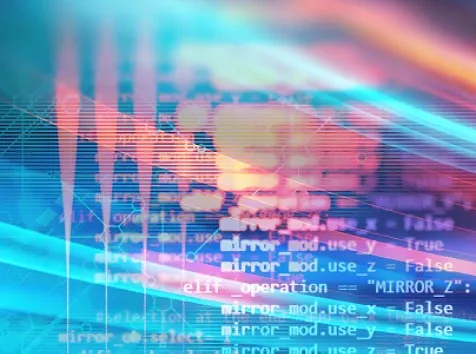Colorful abstract code overlay on digital background.