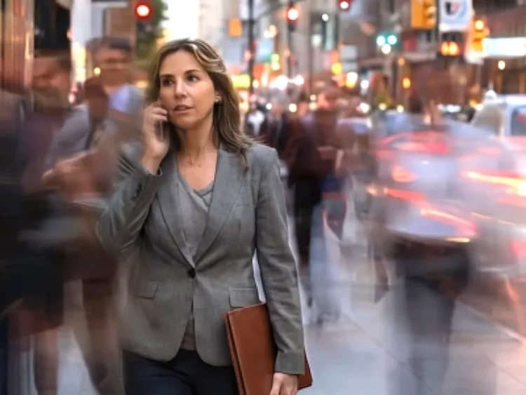 Businesswoman on phone walking through busy city street
