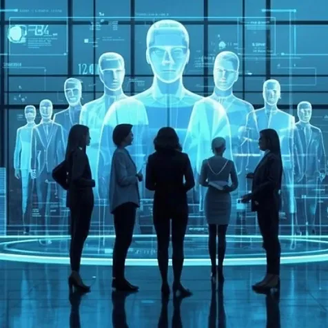Human silhouettes facing glowing AI avatars, symbolising the rise of synthetic users and human-AI collaboration.